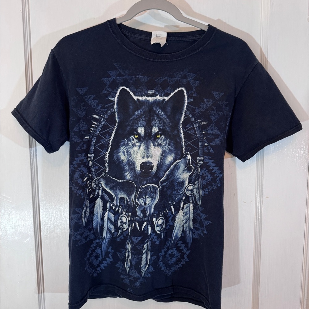 Vintage Wolf Native American Western Black Graphic Tee Small